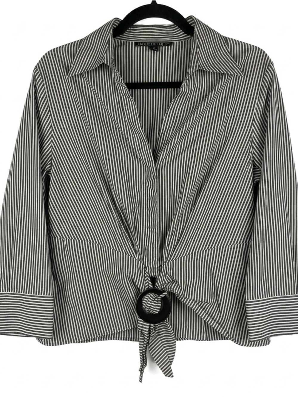 Lafayette 148 New York Cotton Striped O-Ring Buckle Tie Front Blouse Size 10